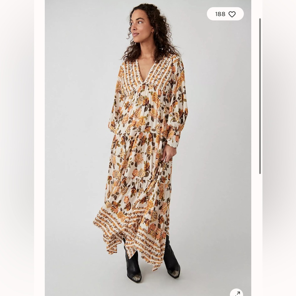 Free People Floral Long Sleeve Dress - Cream and Brown
